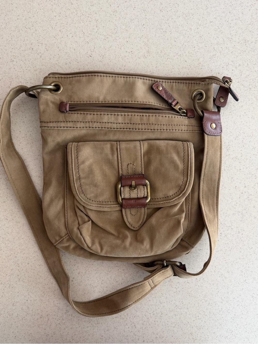 Fossil Tan Canvas Messenger with Brown Leather Accents